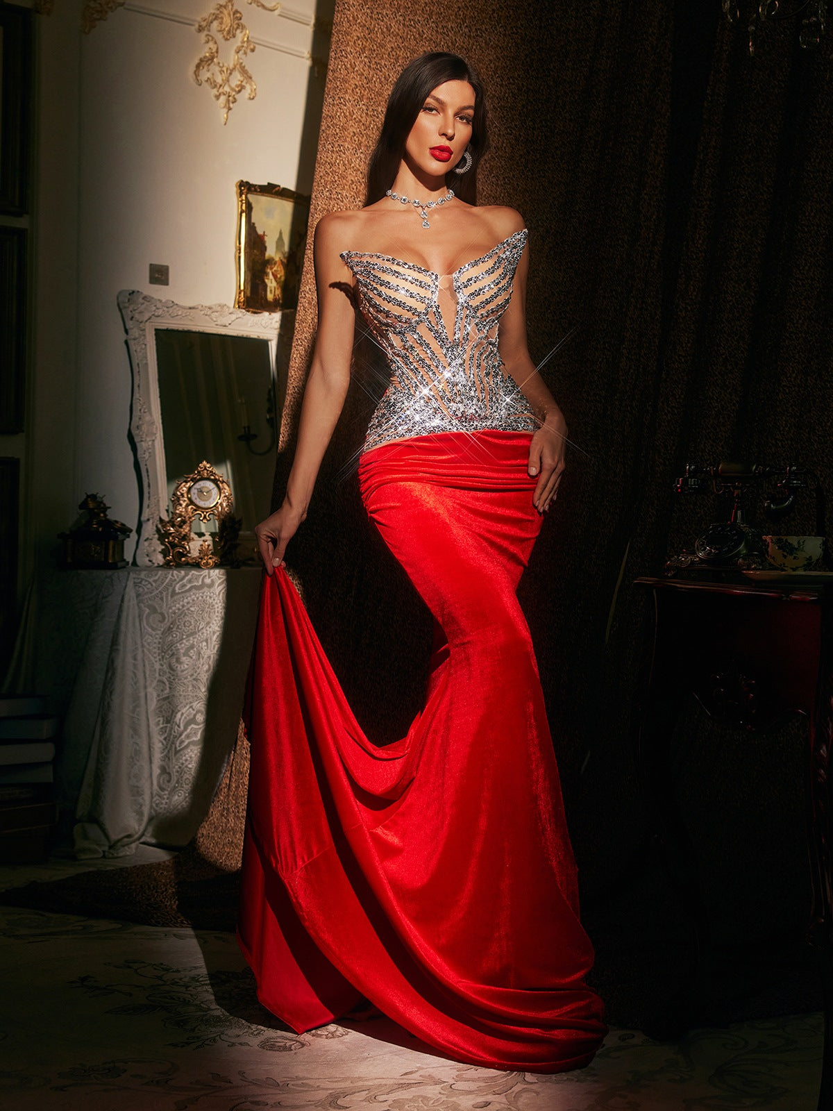Strapless Sequin Corset Velvet Ruched Mermaid Maxi Gown 2