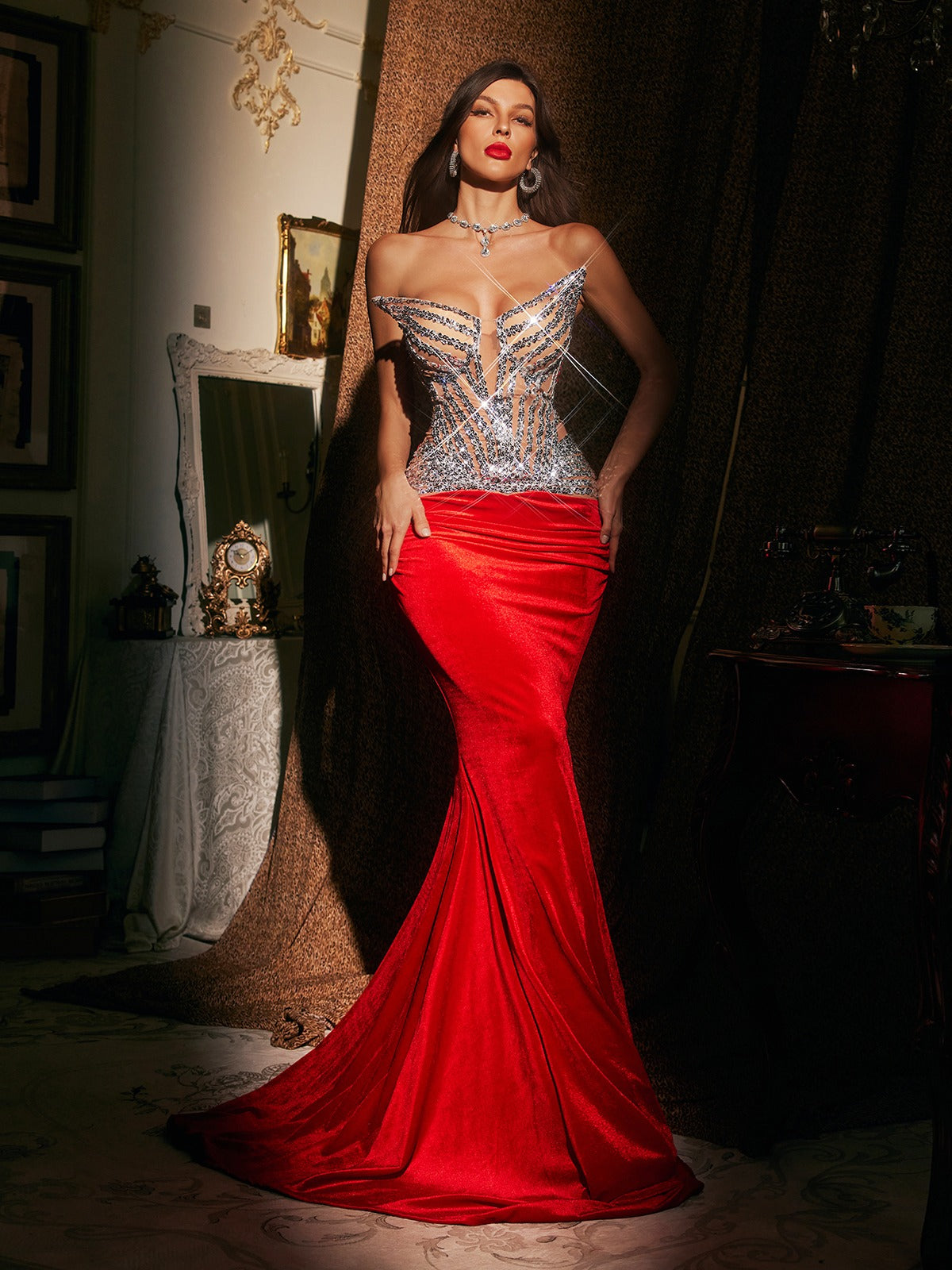 Strapless Sequin Corset Velvet Ruched Mermaid Maxi Gown 4