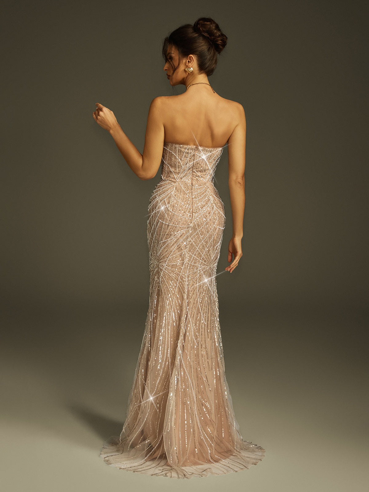 Strapless 3D Rosette Beaded High Slit Column Maxi Gown 6