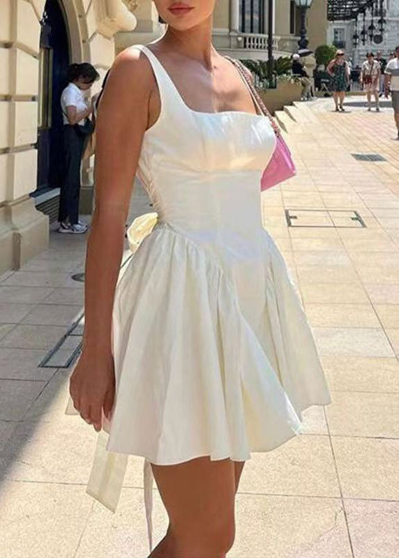 Square Neck Basque Waist Bow Back Pleated Mini Dress 3