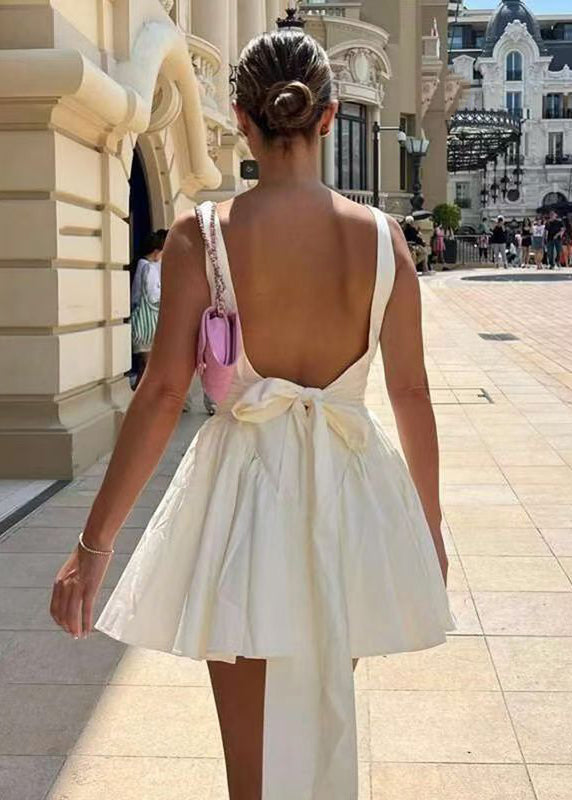 Square Neck Basque Waist Bow Back Pleated Mini Dress 5