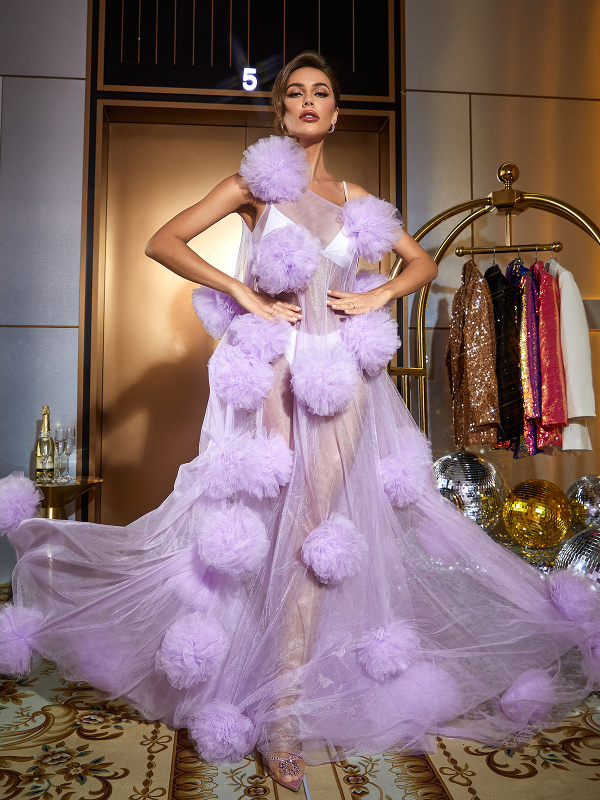 One Shoulder Tulle Pom Pom Illusion Maxi Gown