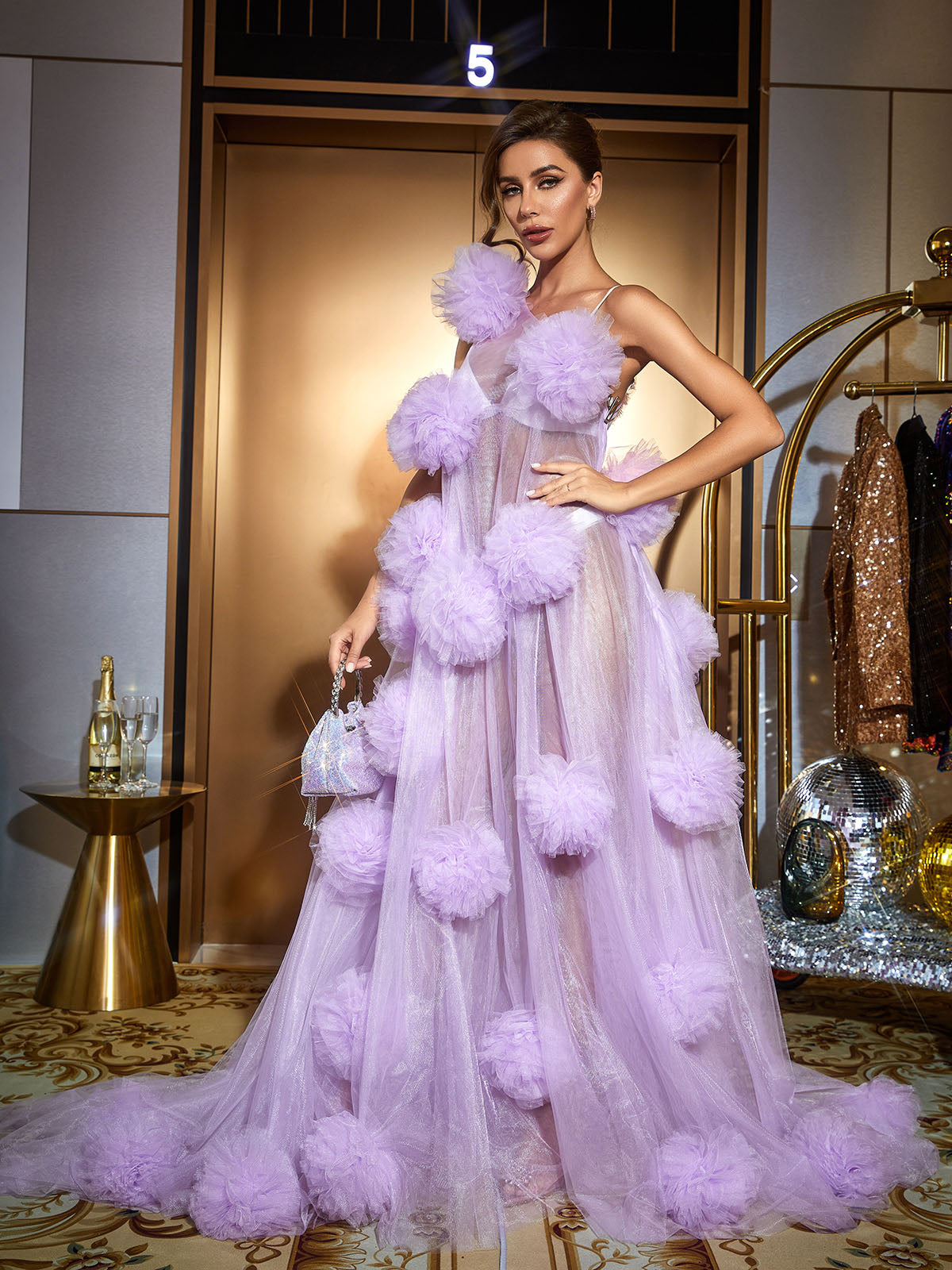 One Shoulder Tulle Pom Pom Illusion Maxi Gown 4