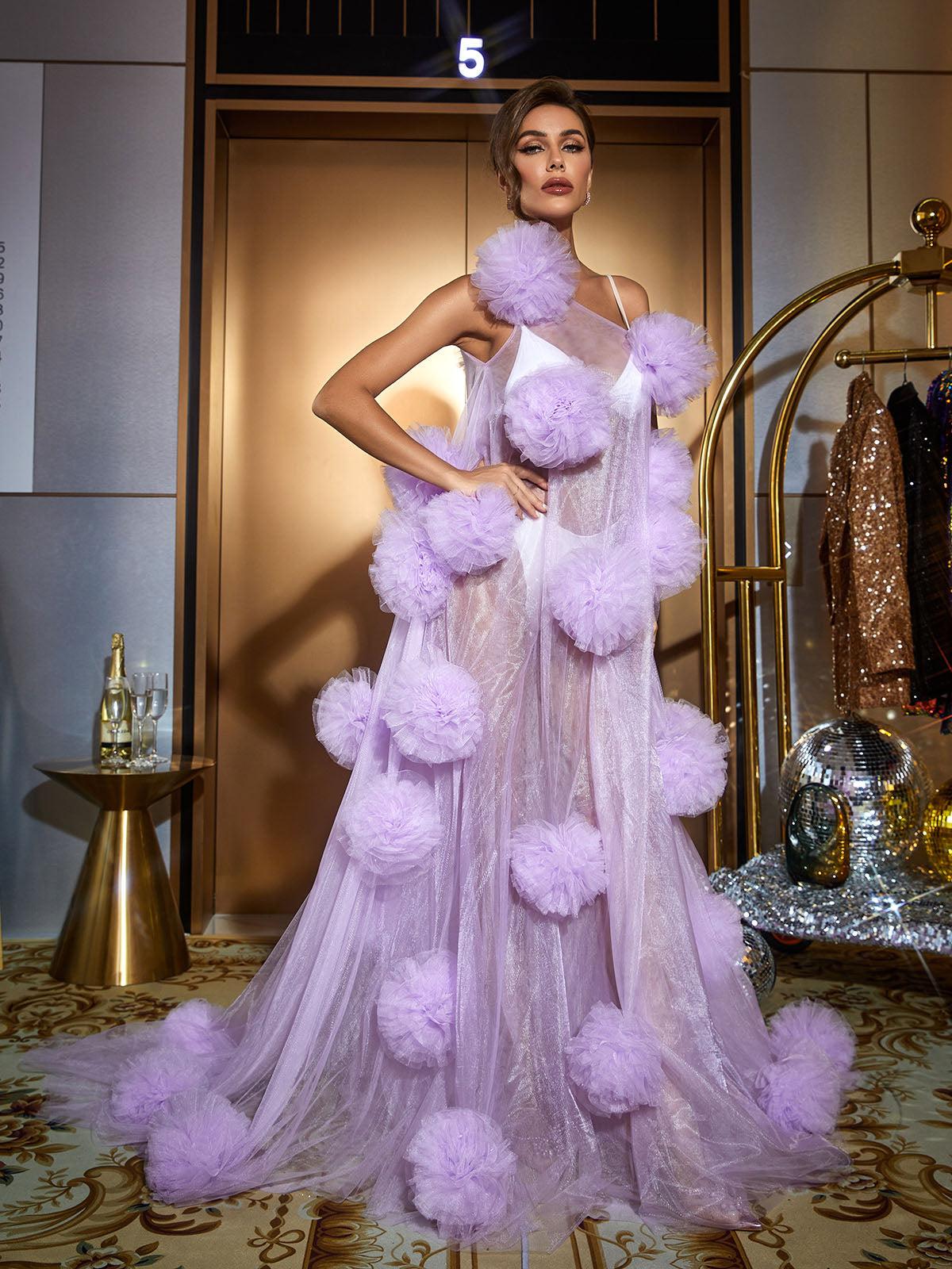 One Shoulder Tulle Pom Pom Illusion Maxi Gown 2