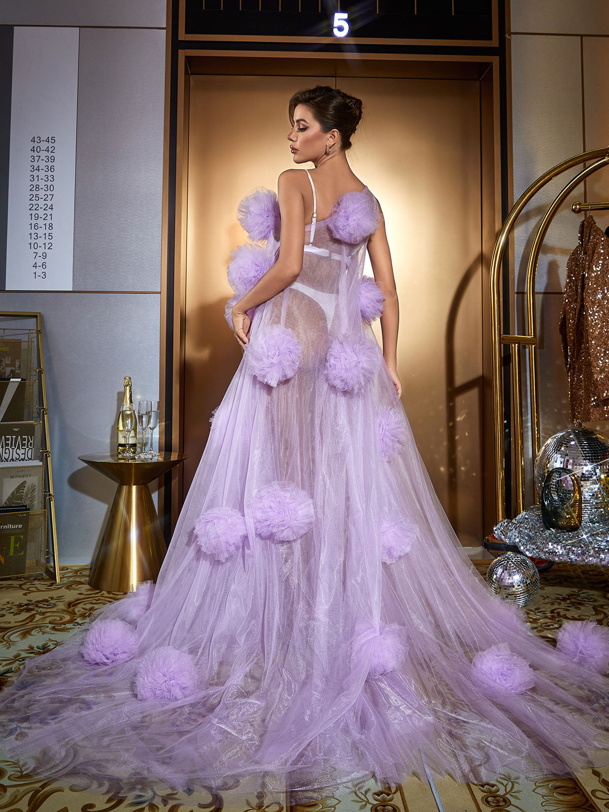 One Shoulder Tulle Pom Pom Illusion Maxi Gown 5