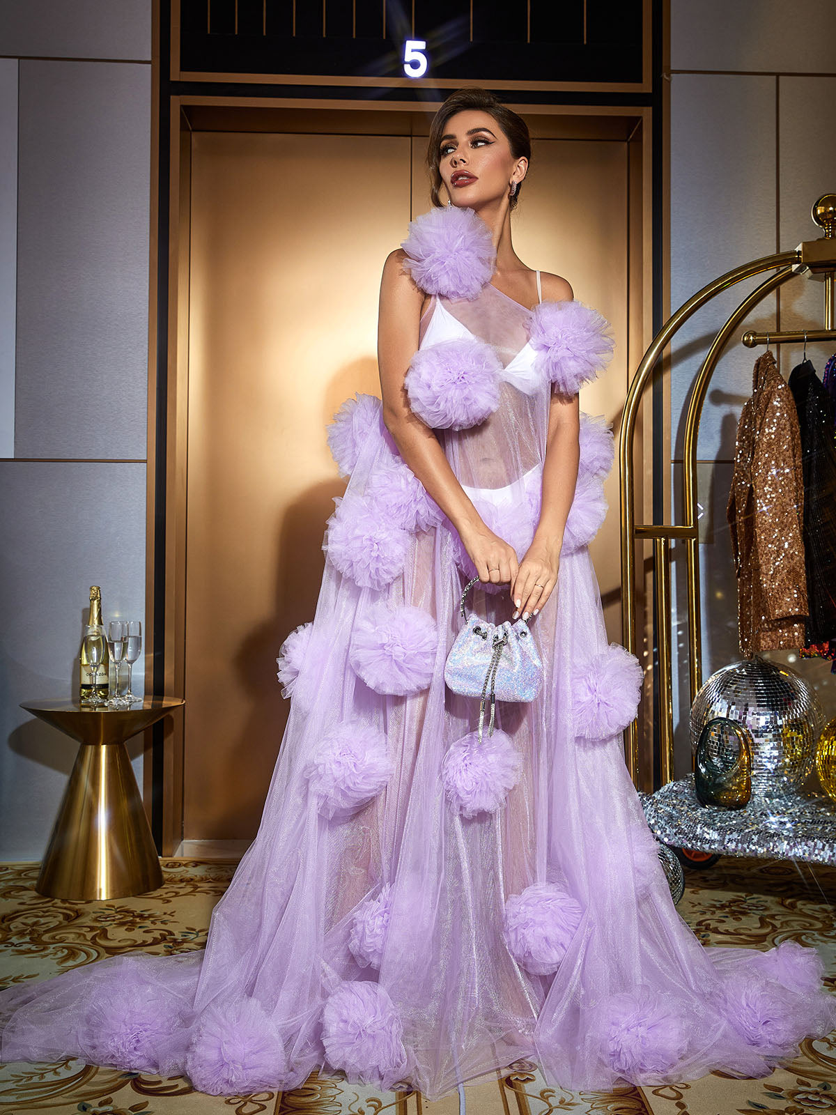 One Shoulder Tulle Pom Pom Illusion Maxi Gown 3