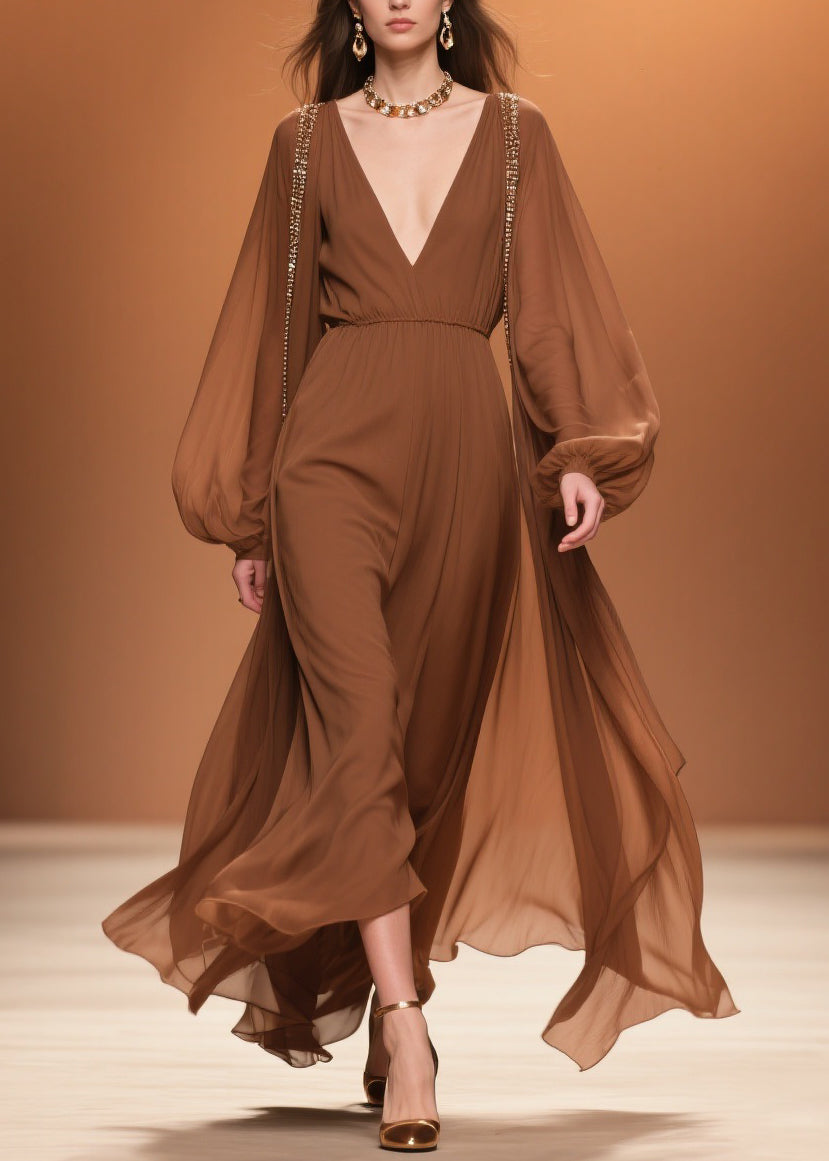 Deep V-Neck Lantern Sleeve Beaded Trim Cape Overlay High Waist Maxi Gown
