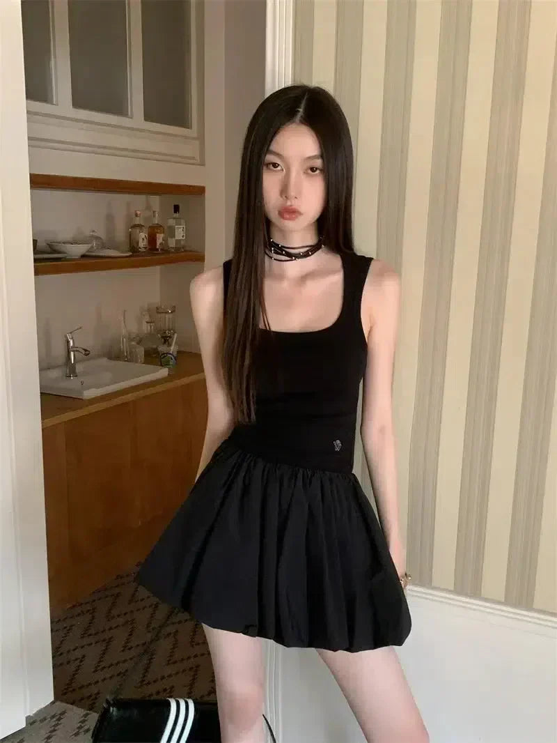 Ribbed Tank Top Bubble Hem Pleated Mini Skirt Set 3