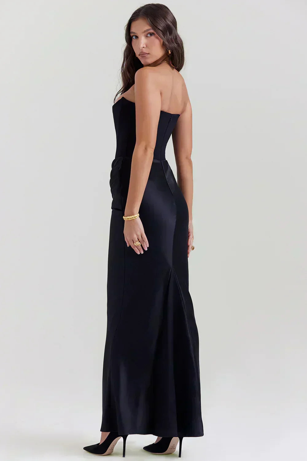 Strapless Pointed Neckline Hip Ruched Column Maxi Gown 8