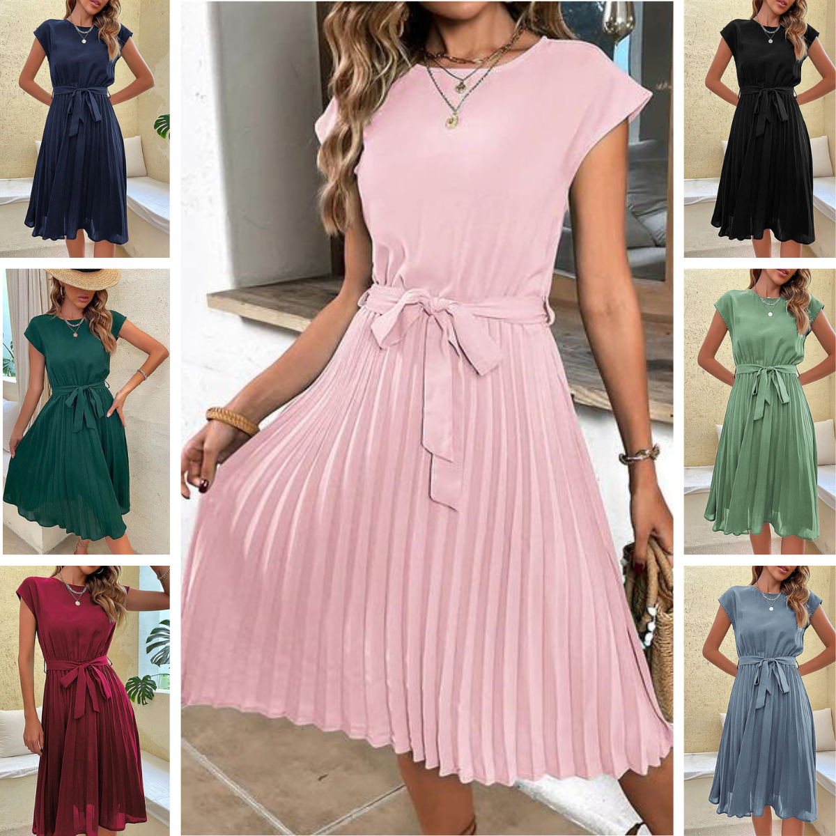 Cap Sleeve Tie Waist Accordion Pleat Midi Dress 2