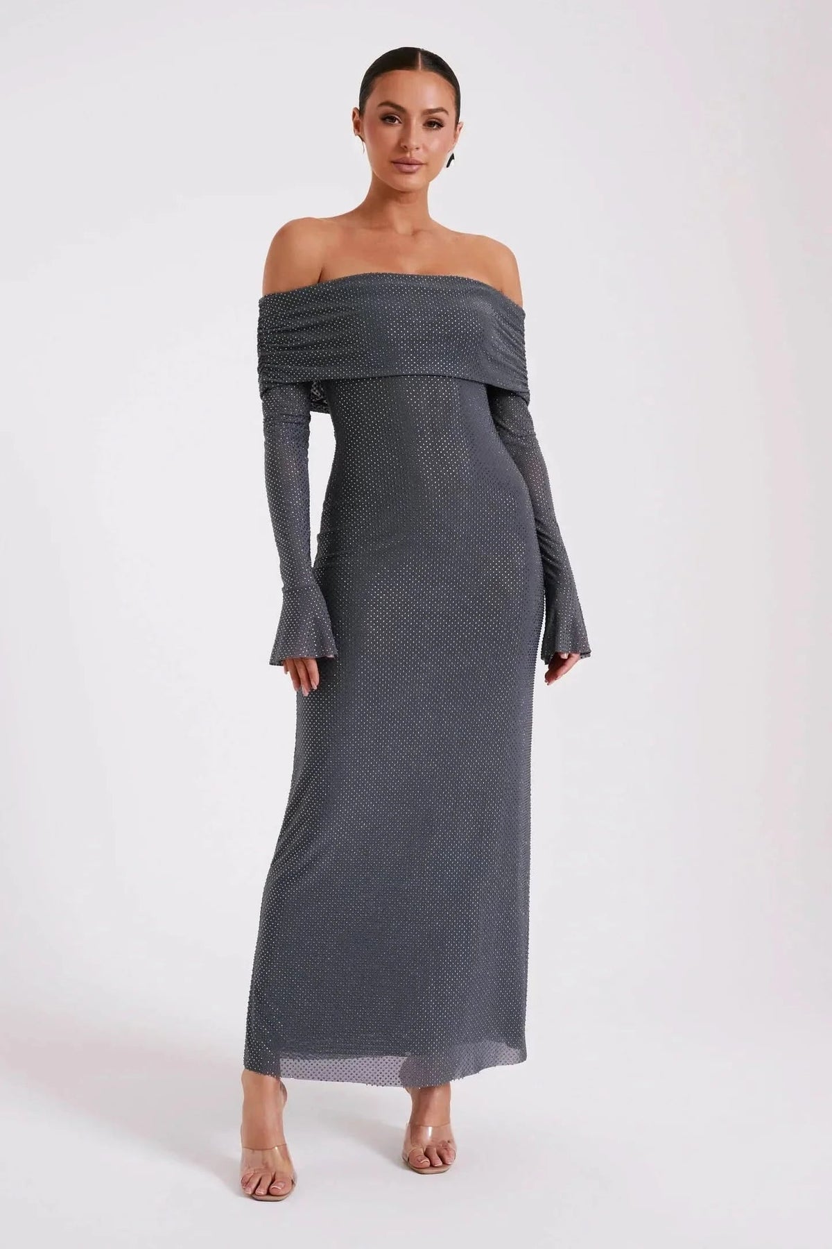 Off-Shoulder Fold-Over Bardot Bell Sleeve Shimmer Bodycon Maxi Dress 7