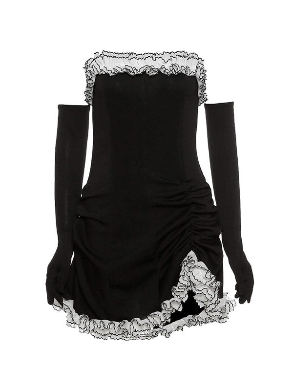 Black Strapless Ruffle Trim Bodycon Mini Dress
