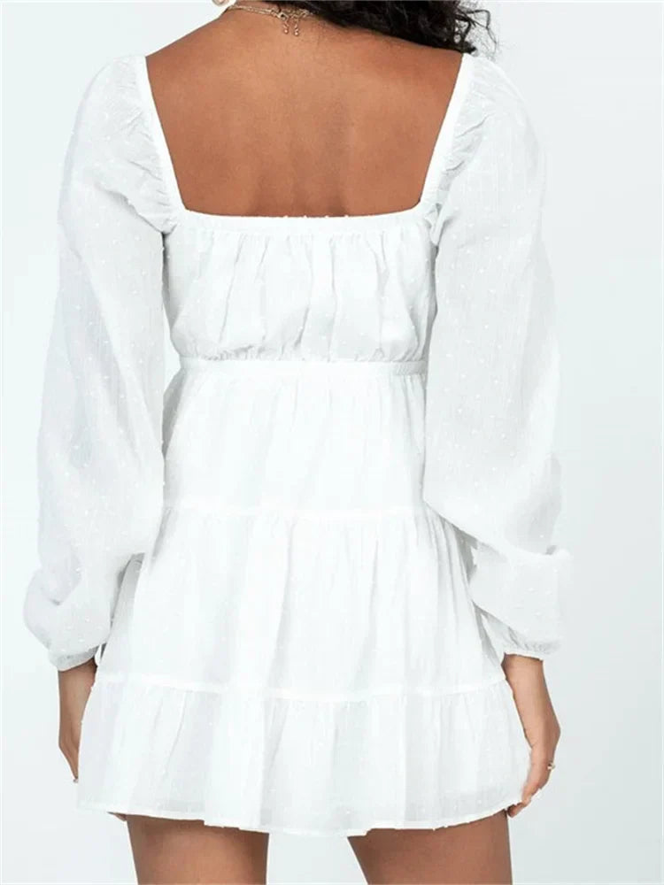 Swiss Dot Square Neck Balloon Sleeve Cutout Tie Front Tiered Mini Dress 4