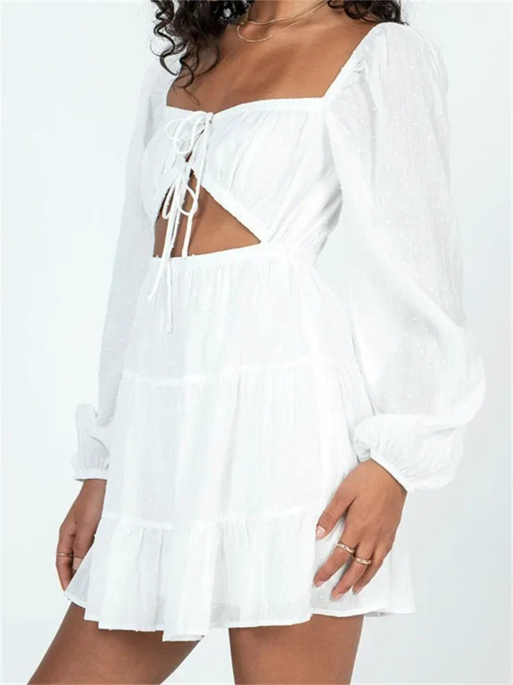 Swiss Dot Square Neck Balloon Sleeve Cutout Tie Front Tiered Mini Dress 2