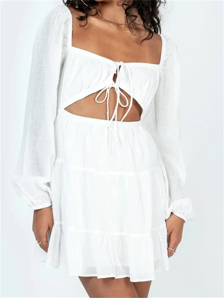 Swiss Dot Square Neck Balloon Sleeve Cutout Tie Front Tiered Mini Dress 3