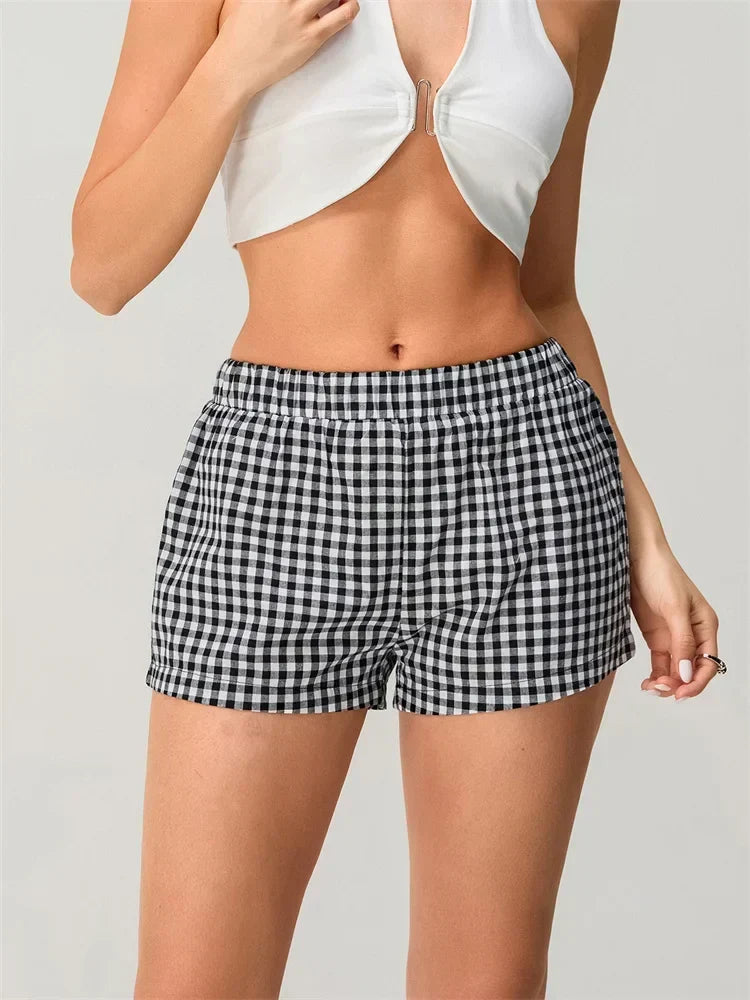 Black Gingham Plaid Elastic Waist Loose Shorts