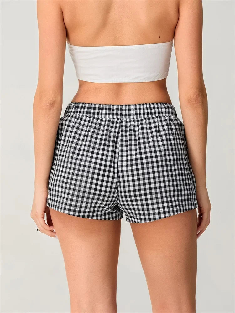 Black Gingham Plaid Elastic Waist Loose Shorts