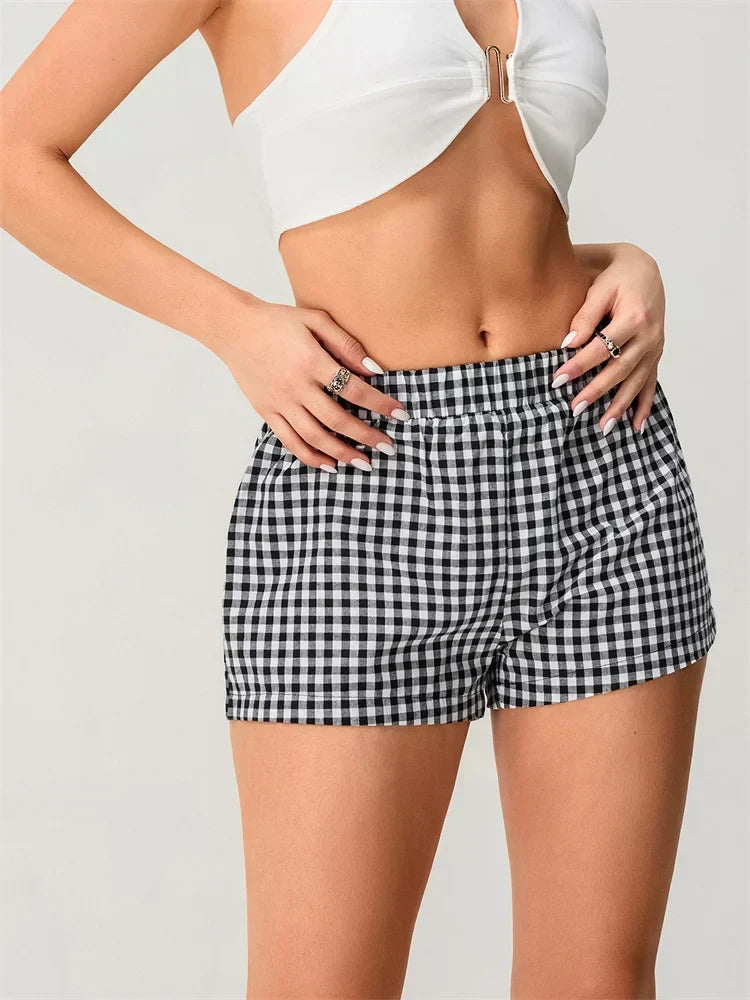 Black Gingham Plaid Elastic Waist Loose Shorts