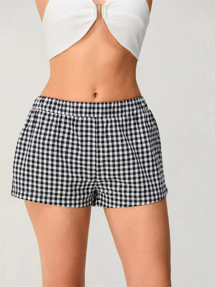 Plaid Elastic Waist Loose Short black / XS short-250223
