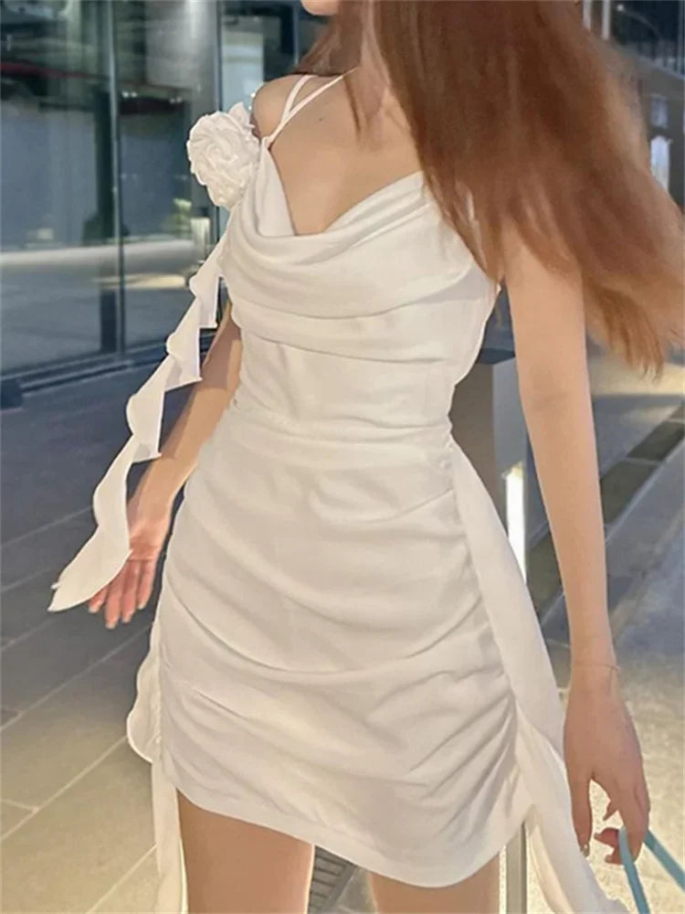 Halter Neck Cowl Drape 3D Rosette Ruched Side Panel Bodycon Mini Dress 5