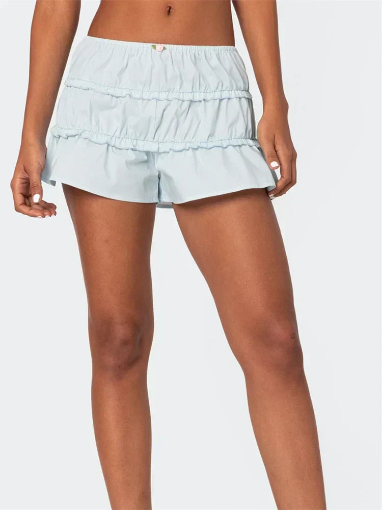 Ruffled Solid Elastic Waist Short blue / S short-250223