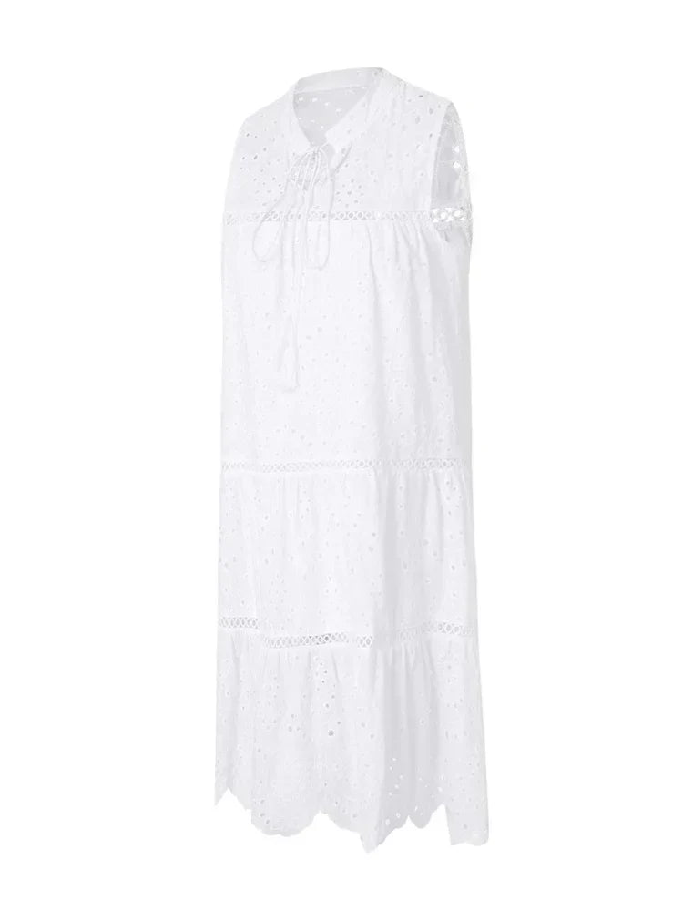 Eyelet Lace V-Neck Tassel Tie Tiered Ladder Trim Babydoll Mini Dress 3