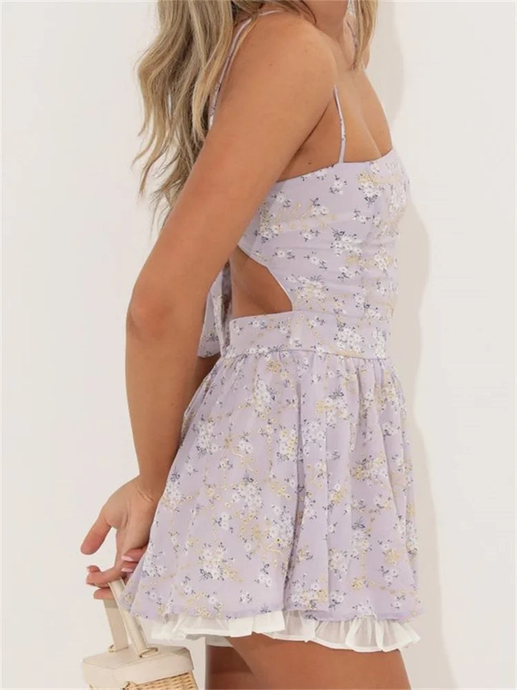 Dainty Floral Square Neck Spaghetti Strap Tiered Ruffle Hem Mini Dress 2