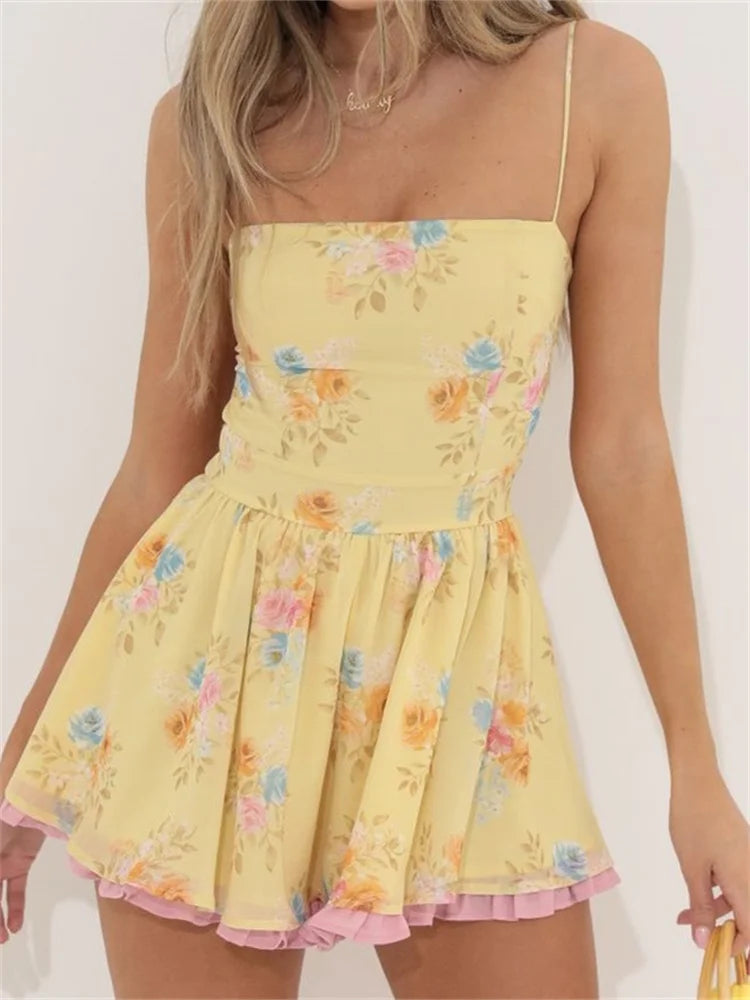 Dainty Floral Square Neck Spaghetti Strap Tiered Ruffle Hem Mini Dress 6