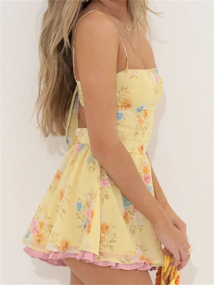 Dainty Floral Square Neck Spaghetti Strap Tiered Ruffle Hem Mini Dress 5