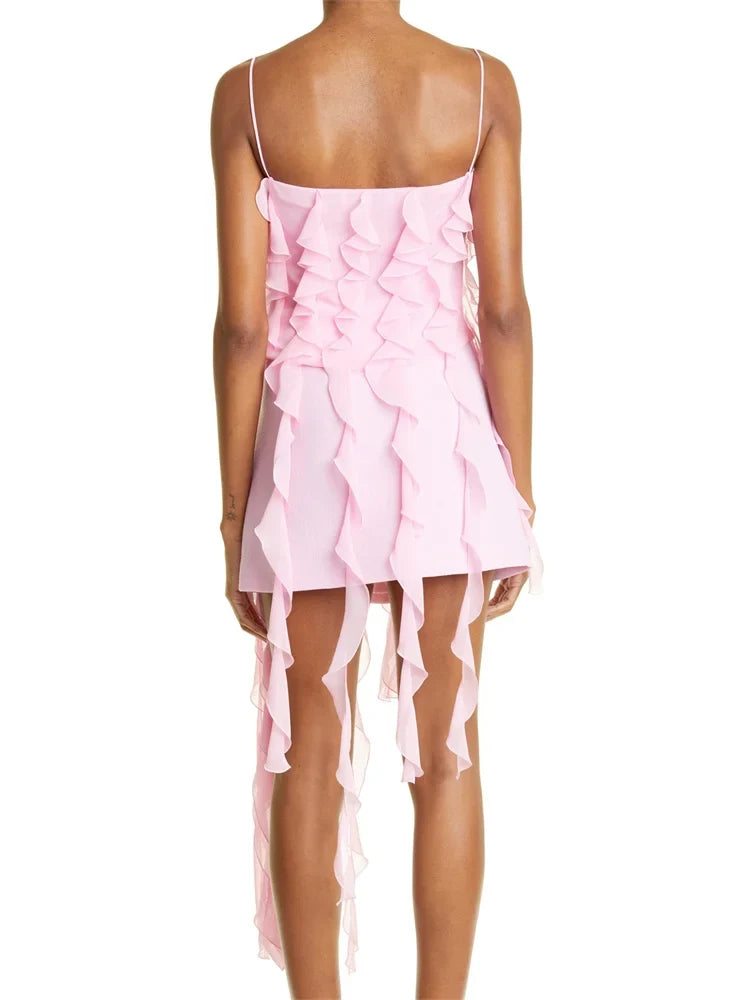 Spaghetti Strap Cascading Vertical Ruffle Asymmetric Hem Mini Dress 3
