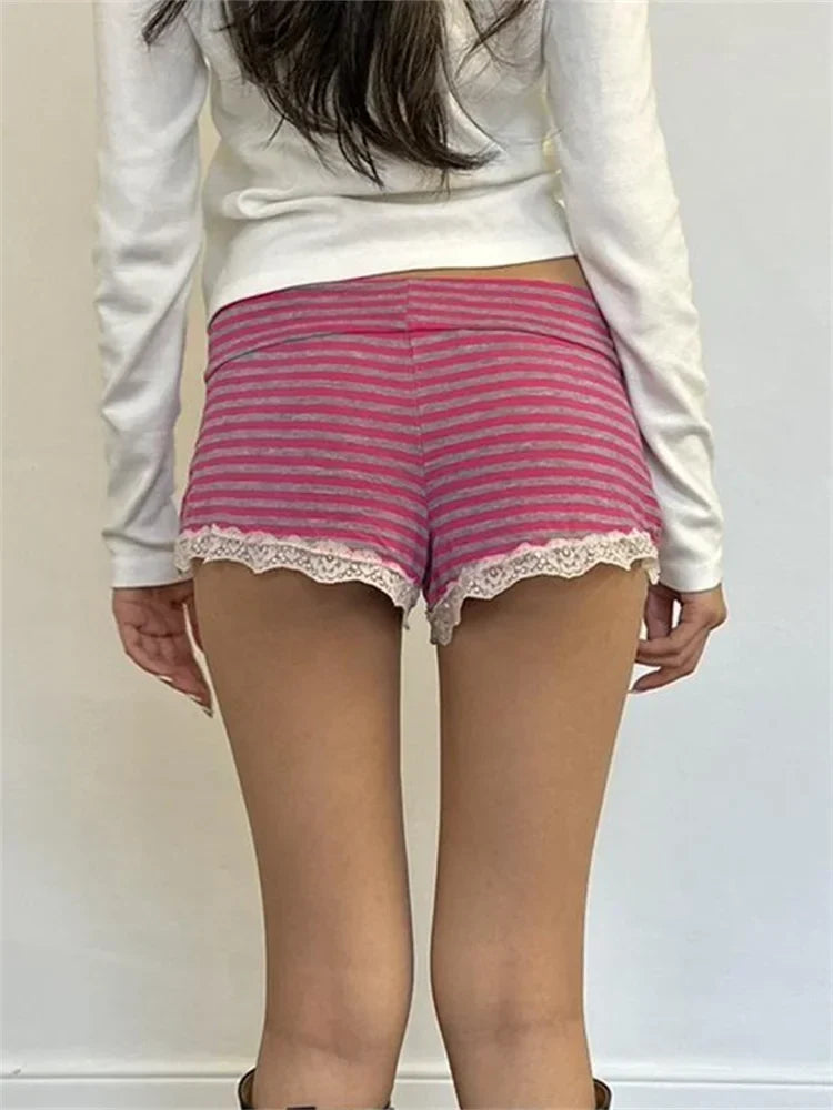 Red Striped Low-Waist Bow Lace-Trim Lounge Shorts