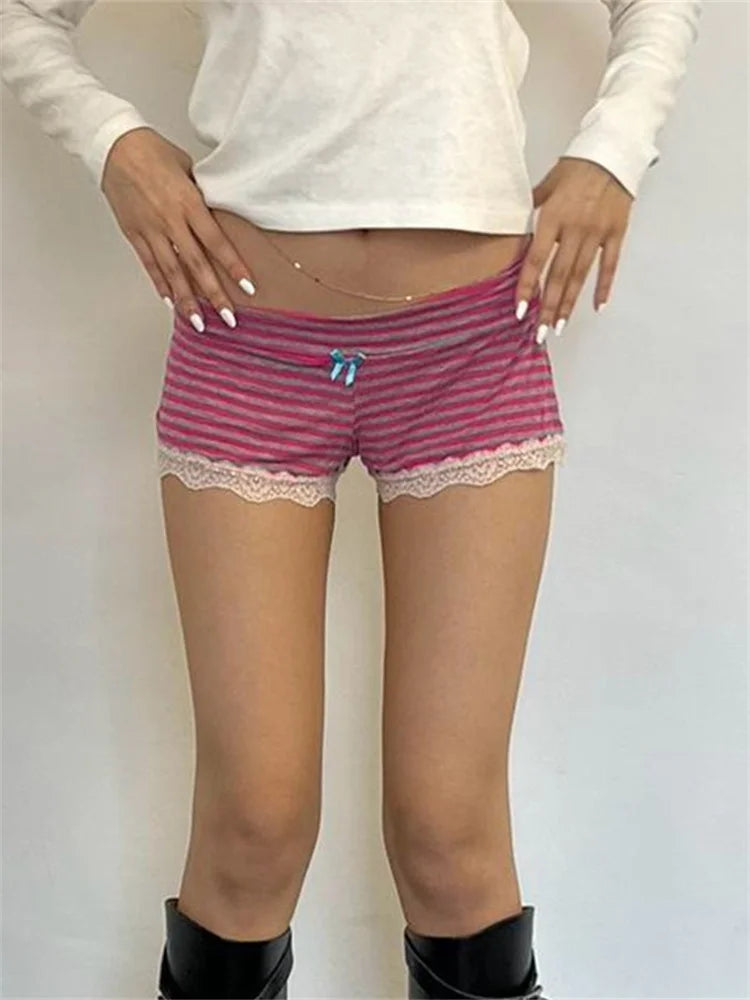 Red Striped Low-Waist Bow Lace-Trim Lounge Shorts
