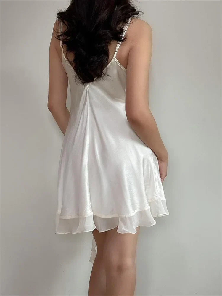 Satin Spaghetti Strap Center Ruffle 3D Floral Appliqué Tiered Ruffle Hem Mini Dress 3