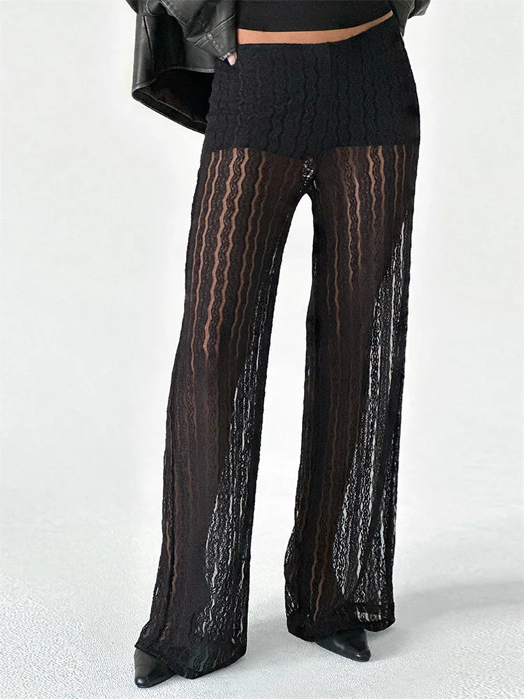 Black Sheer Lace Stripe Wide-Leg See-Through Pants