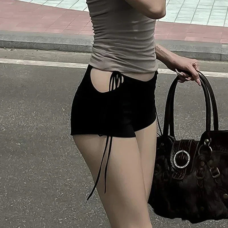 Black Lace Up Cut Out Low Rise Skinny Shorts