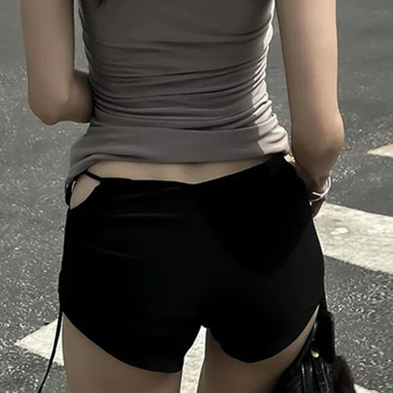 Black Lace Up Cut Out Low Rise Skinny Shorts