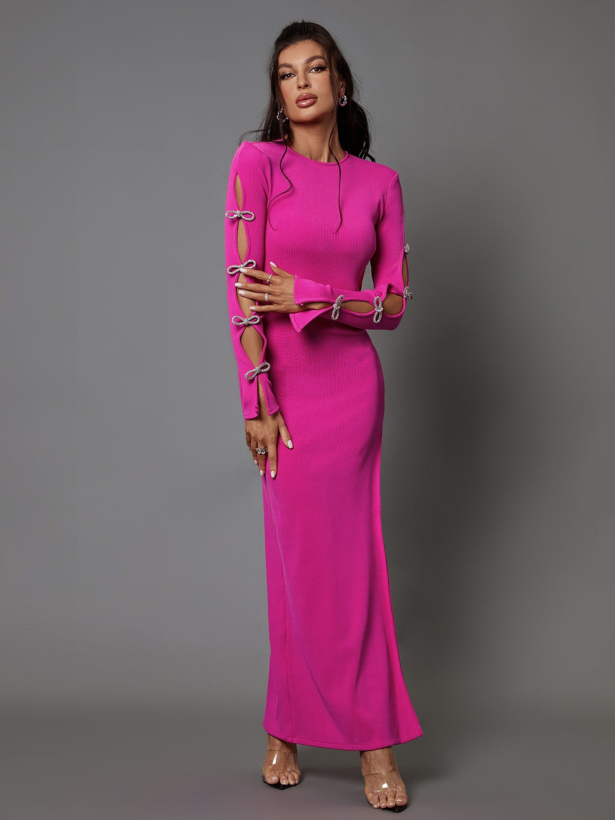 Round Neck Rib Knit Long Sleeve Bow Cutout Bandage Maxi Dress