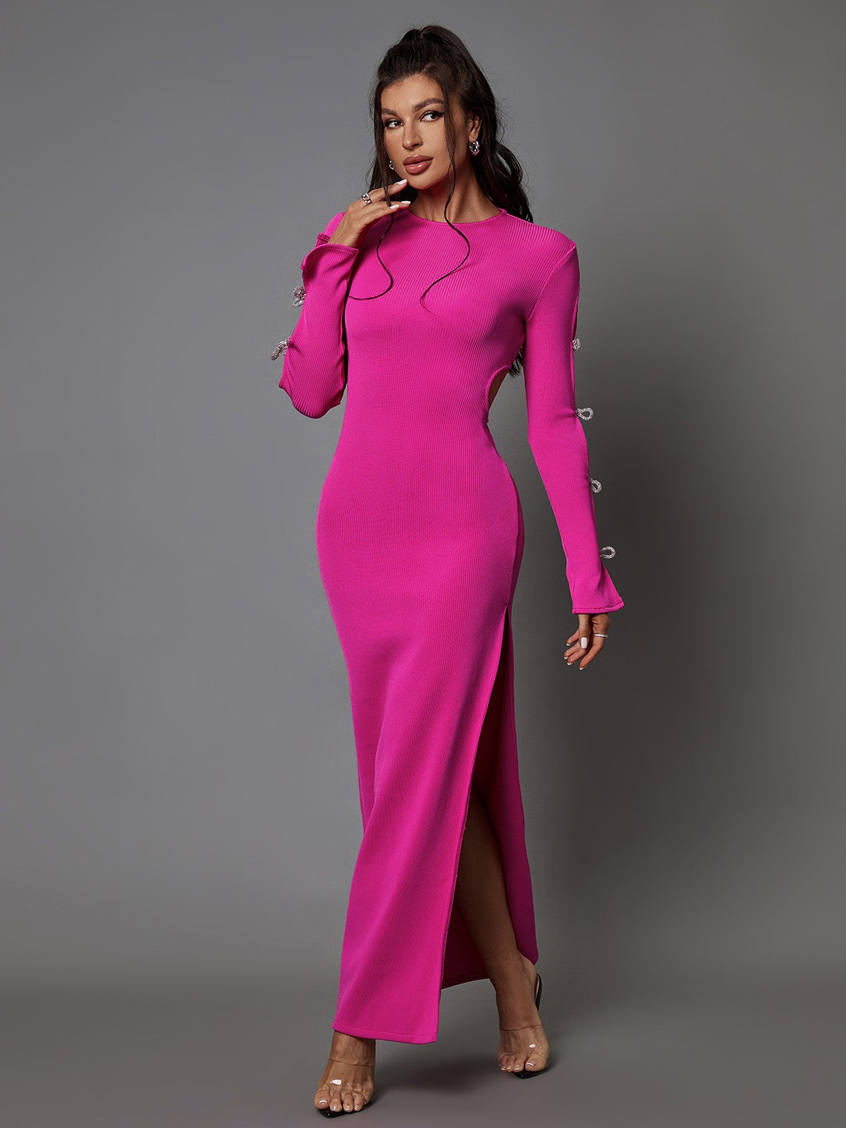 Round Neck Rib Knit Long Sleeve Bow Cutout Bandage Maxi Dress 4