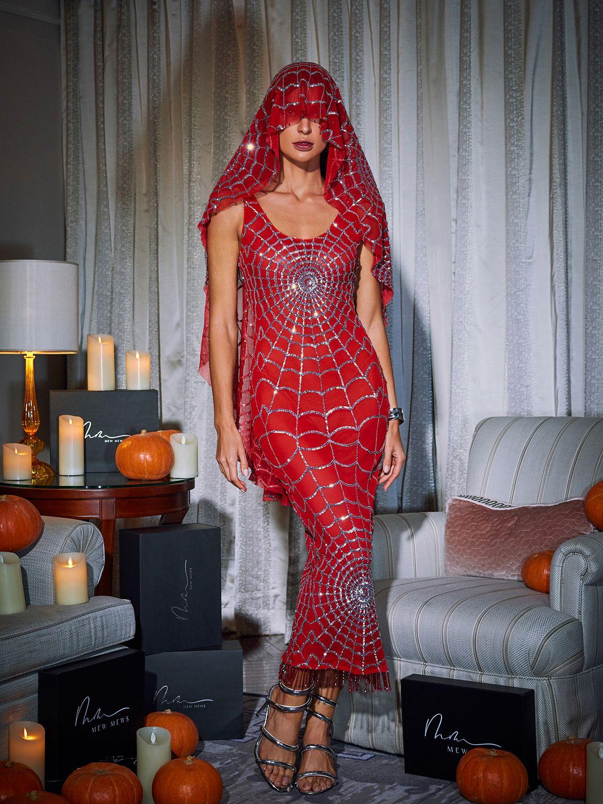 Scoop Neck Glitter Spiderweb Beaded Fringe Midi Dress 2