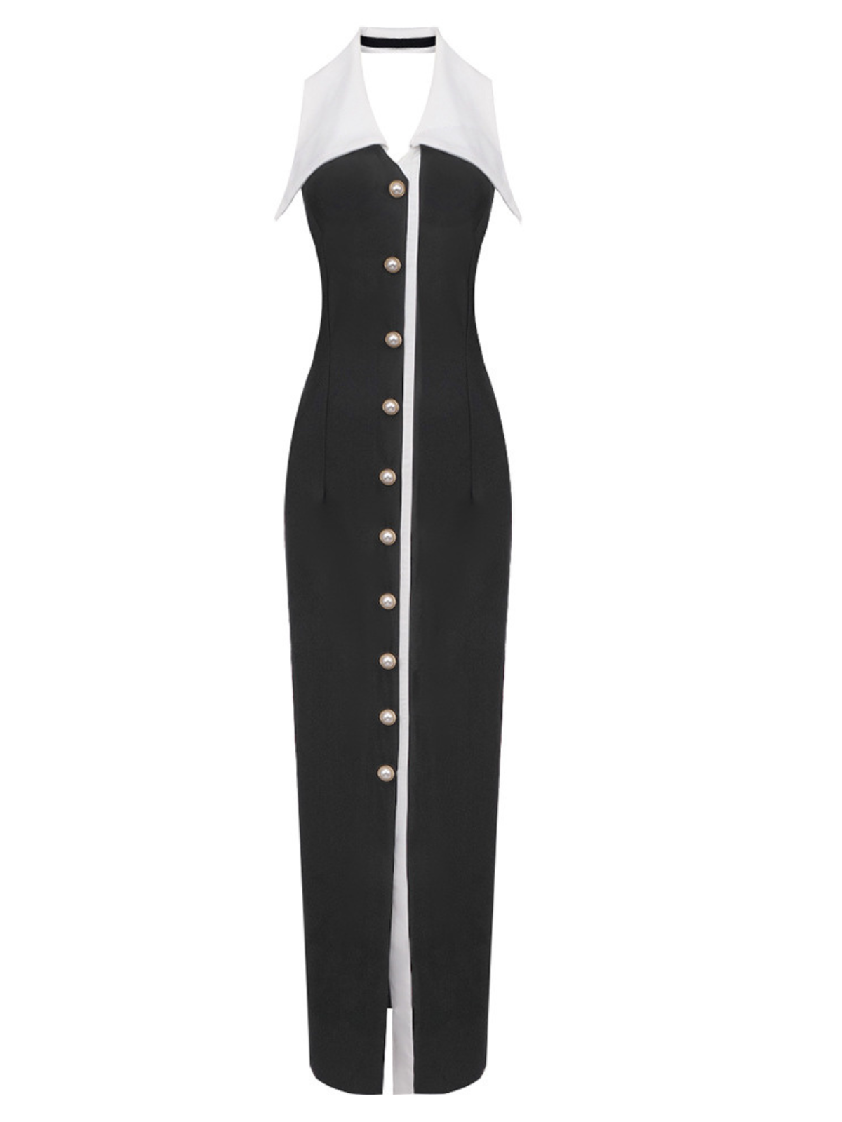 Halter Pointed Collar Button Front Slit Column Maxi Dress 7