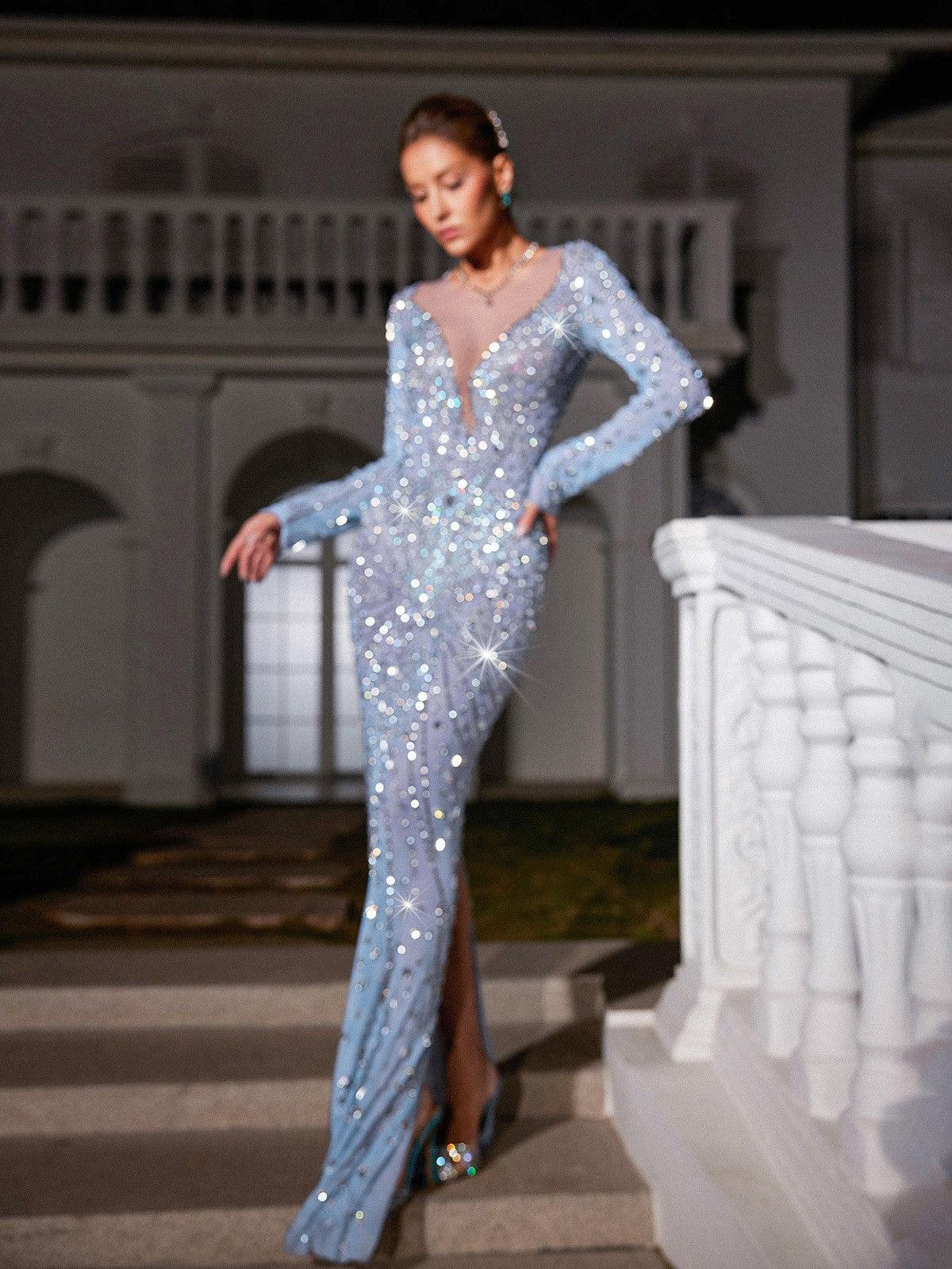 Deep V Mesh Panel Long Sleeve Rhinestone Geometric Mesh Overlay Maxi Gown 2