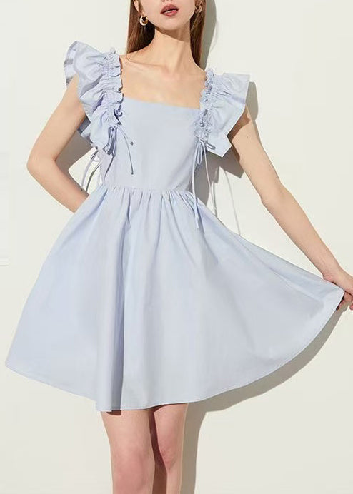 Square Neck Smocked Ruffle Strap Tie Detail Box Pleat Mini Dress