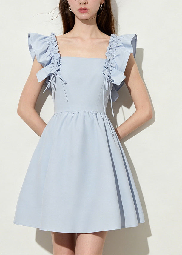 Square Neck Smocked Ruffle Strap Tie Detail Box Pleat Mini Dress 2