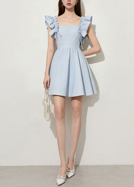Square Neck Smocked Ruffle Strap Tie Detail Box Pleat Mini Dress 3