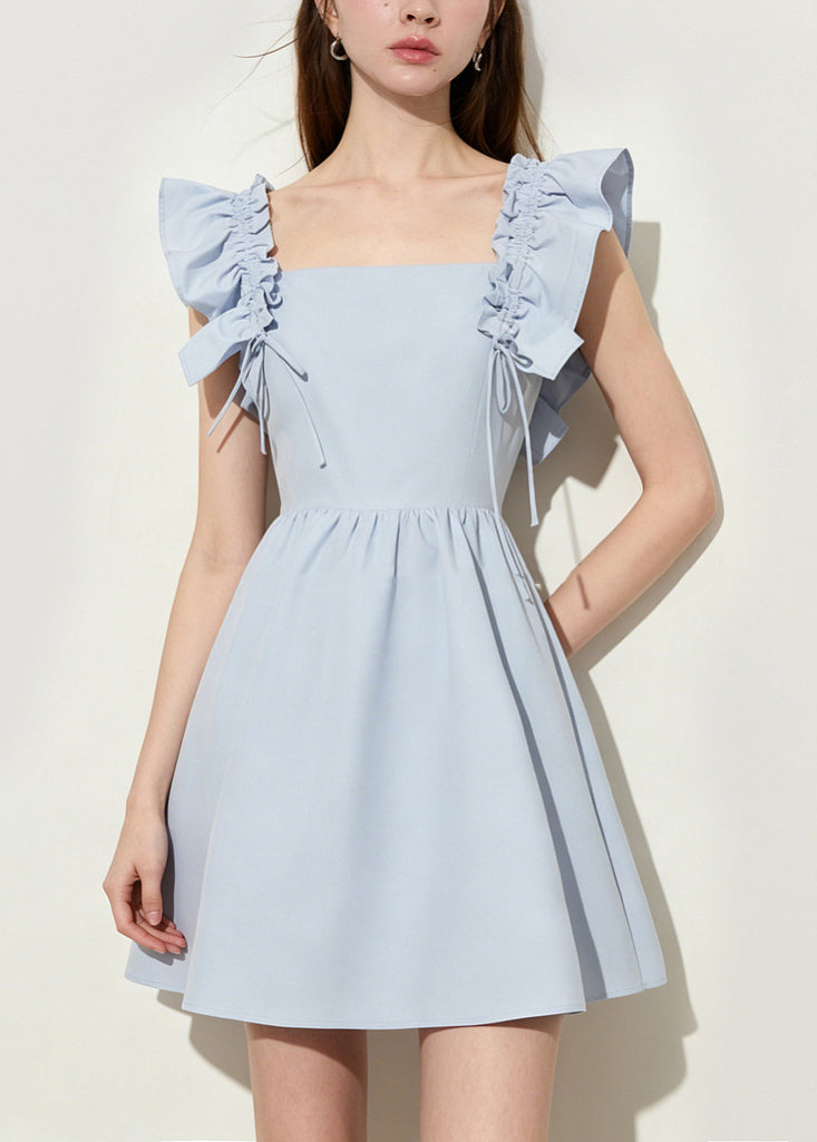 Square Neck Smocked Ruffle Strap Tie Detail Box Pleat Mini Dress 4