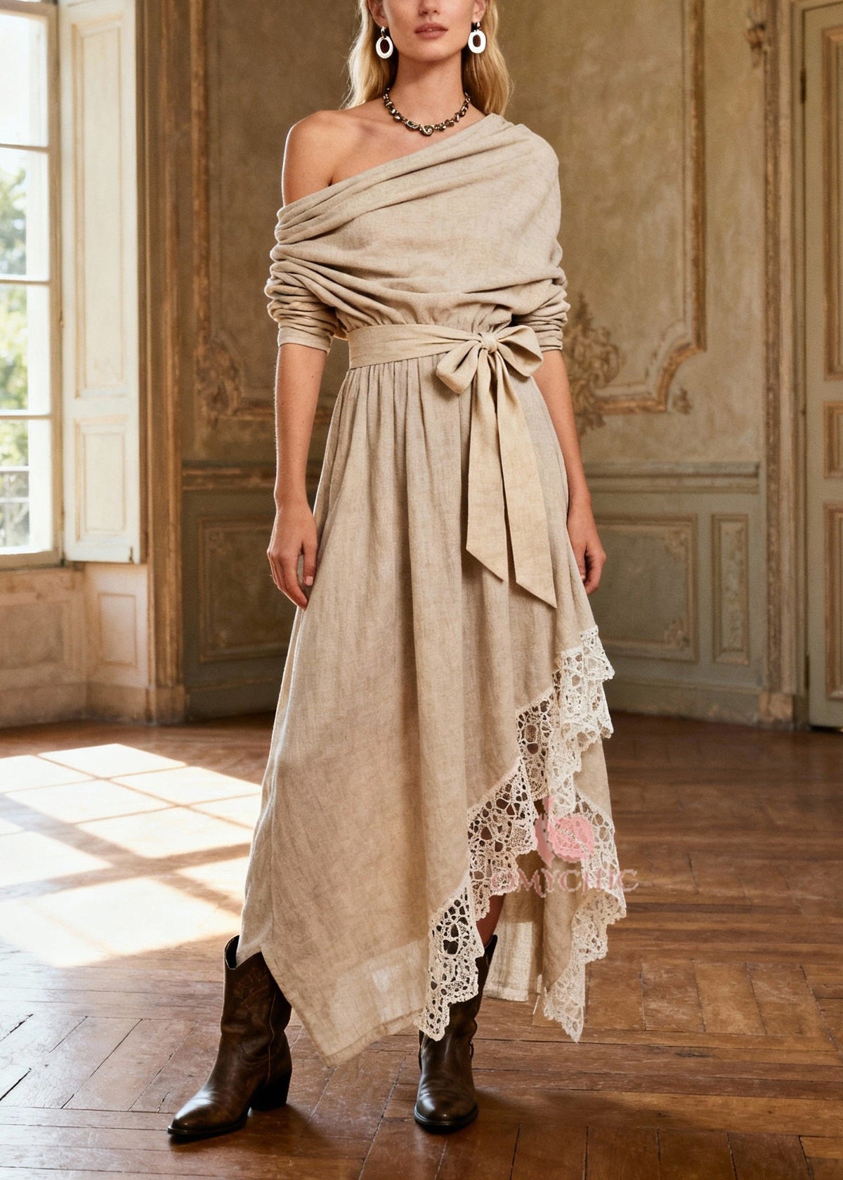 One-Shoulder Sash Tie Crochet Lace Trim Handkerchief Hem Maxi Dress