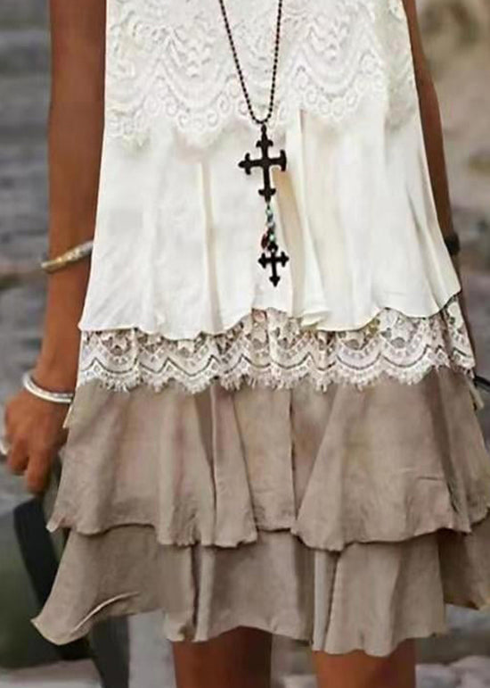 Scoop Neck Lace Overlay Scalloped Tiered Ruffle Hem Sleeveless Mini Dress 4