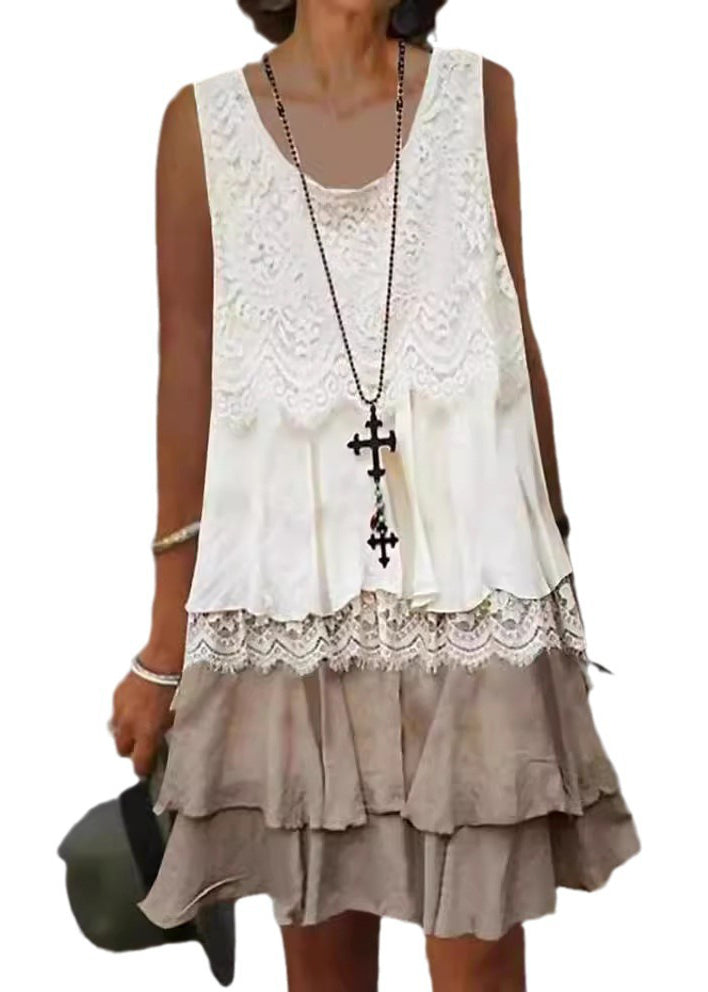 Scoop Neck Lace Overlay Scalloped Tiered Ruffle Hem Sleeveless Mini Dress 5