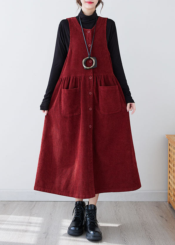 V Neck Sleeveless Corduroy Pinafore Patch Pocket Button Maxi Dress 2