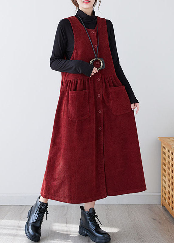 V Neck Sleeveless Corduroy Pinafore Patch Pocket Button Maxi Dress 3
